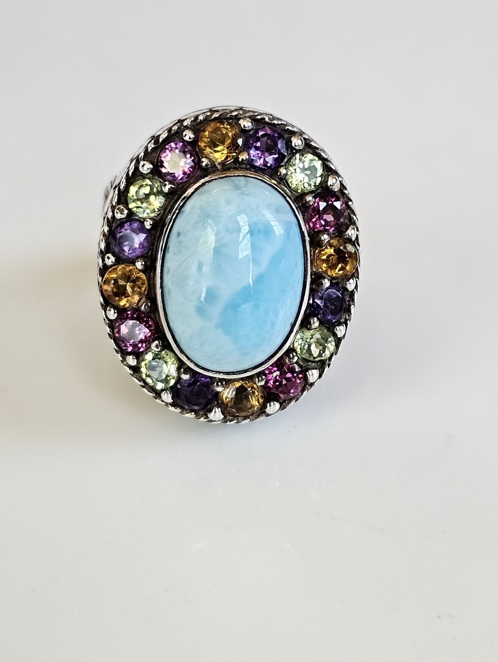 Artisan Crafted Natural Larimar & Multicolor Tourmaline 💍 Sterling Silver Sz 7.